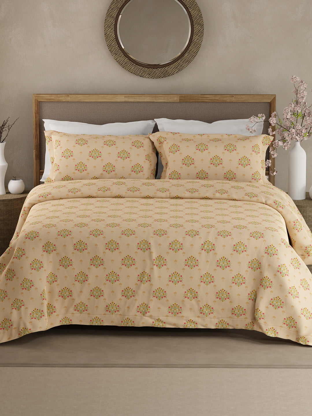 100% Kasturi Cotton King Bedsheet Set, 200 TC Light Yellow Floral, Indo Musk