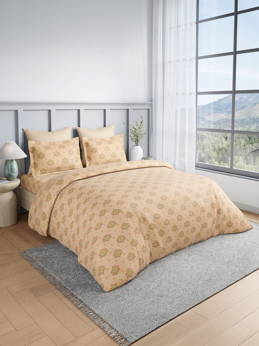 100% Kasturi Cotton King Bedsheet Set, 200 TC Light Yellow Floral, Indo Musk