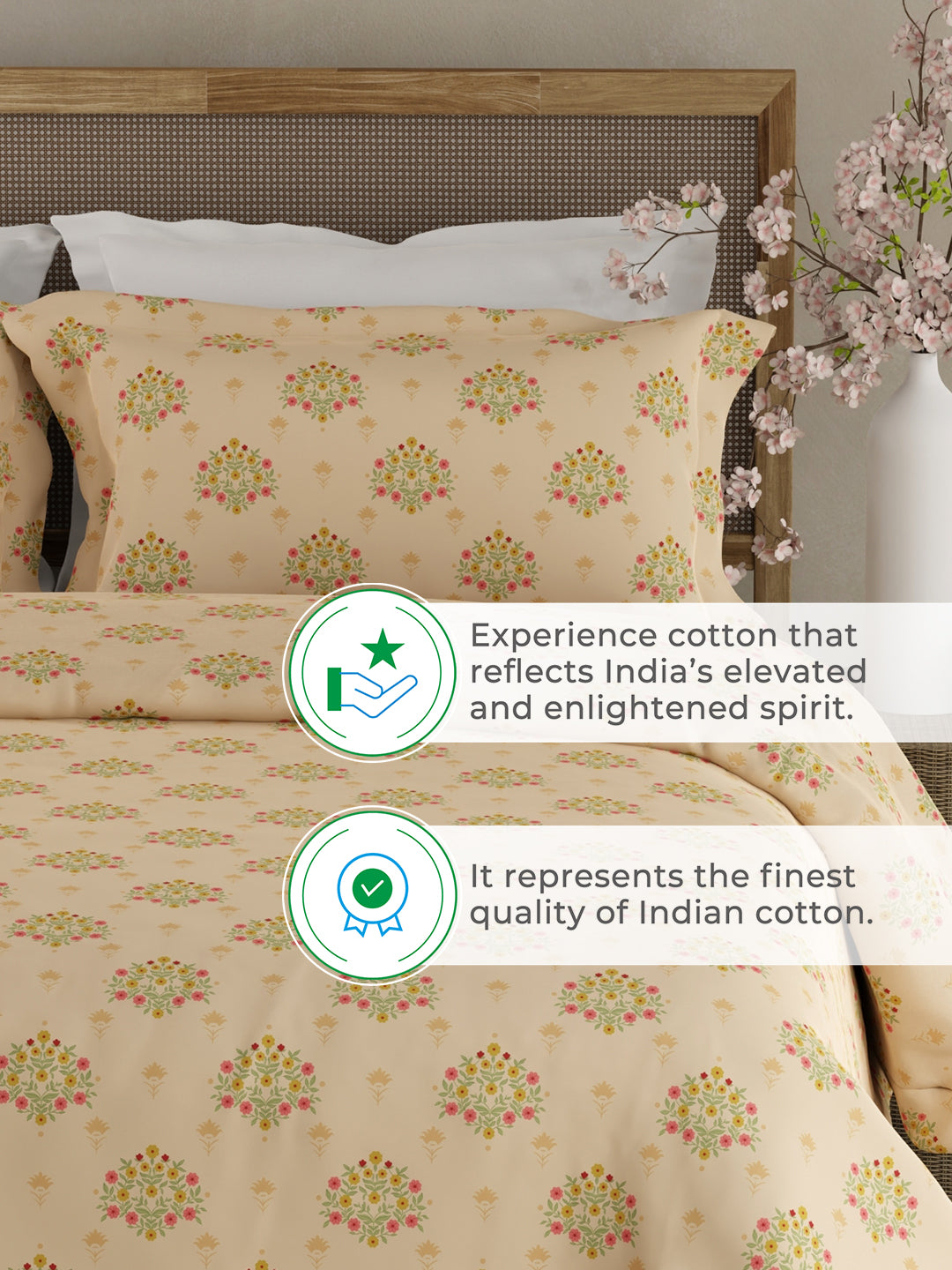 100% Kasturi Cotton King Bedsheet Set, 200 TC Light Yellow Floral, Indo Musk