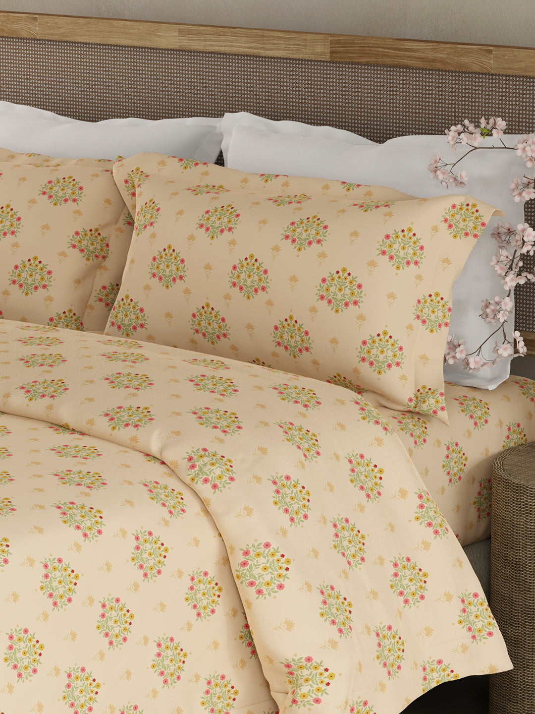 100% Kasturi Cotton King Bedsheet Set, 200 TC Light Yellow Floral, Indo Musk
