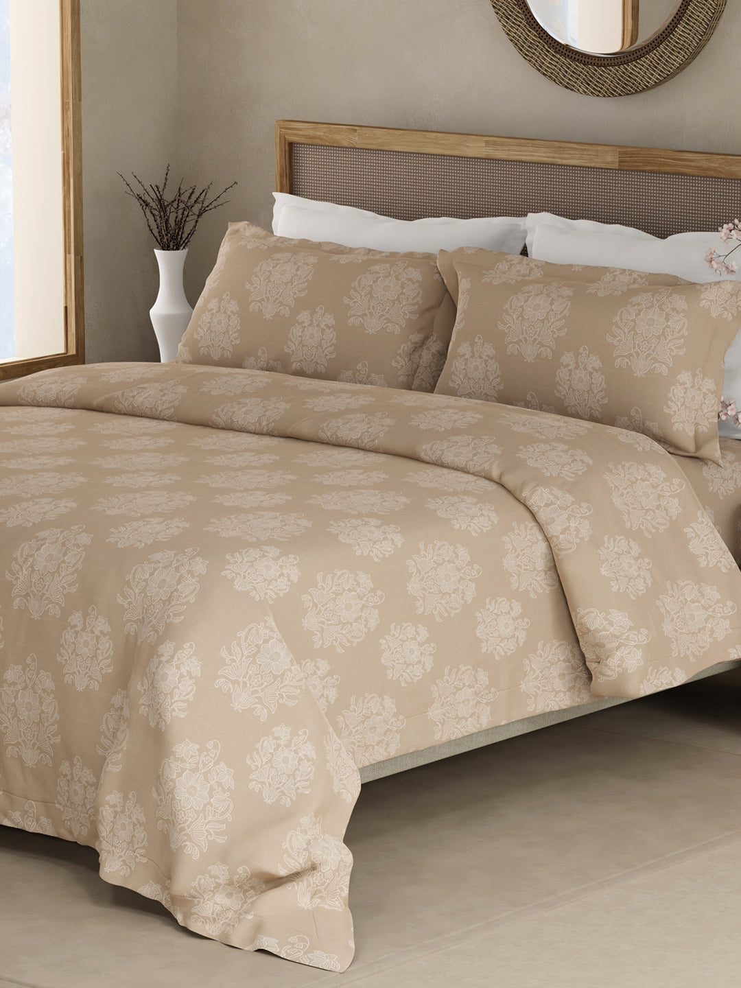 100% Kasturi Cotton King Bedsheet Set, 200 TC Light Brown Floral, Indo Musk