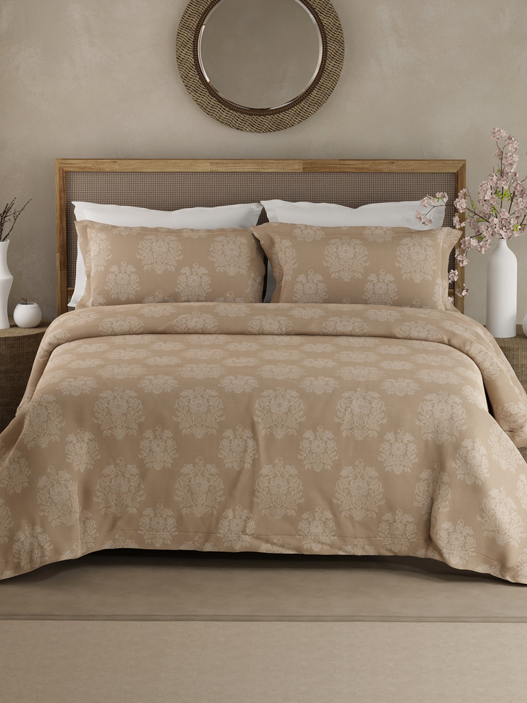 100% Kasturi Cotton King Bedsheet Set, 200 TC Light Brown Floral, Indo Musk