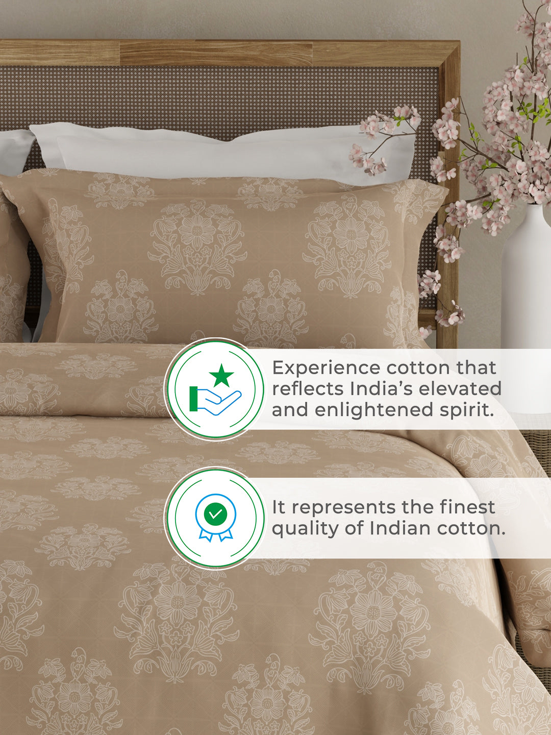 100% Kasturi Cotton King Bedsheet Set, 200 TC Light Brown Floral, Indo Musk