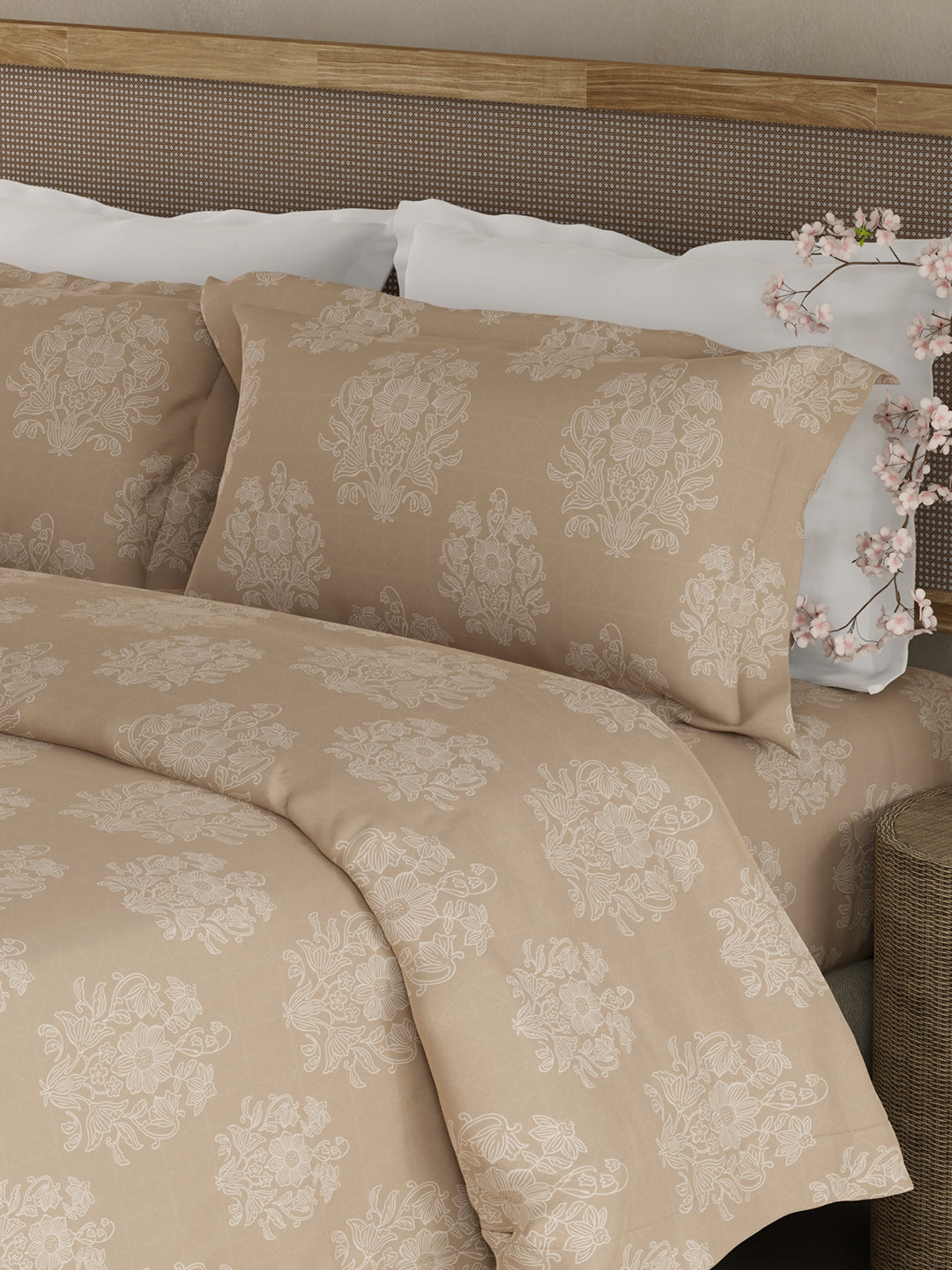 100% Kasturi Cotton King Bedsheet Set, 200 TC Light Brown Floral, Indo Musk