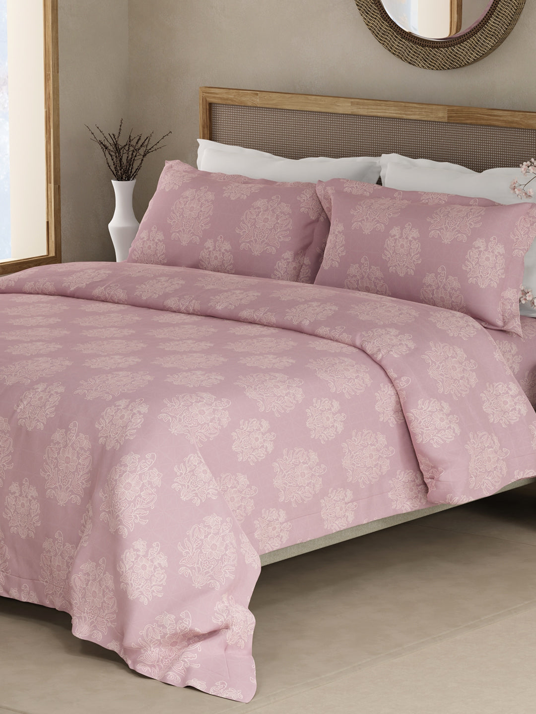 100% Kasturi Cotton King Bedsheet Set, 200 TC Pink Floral, Indo Musk