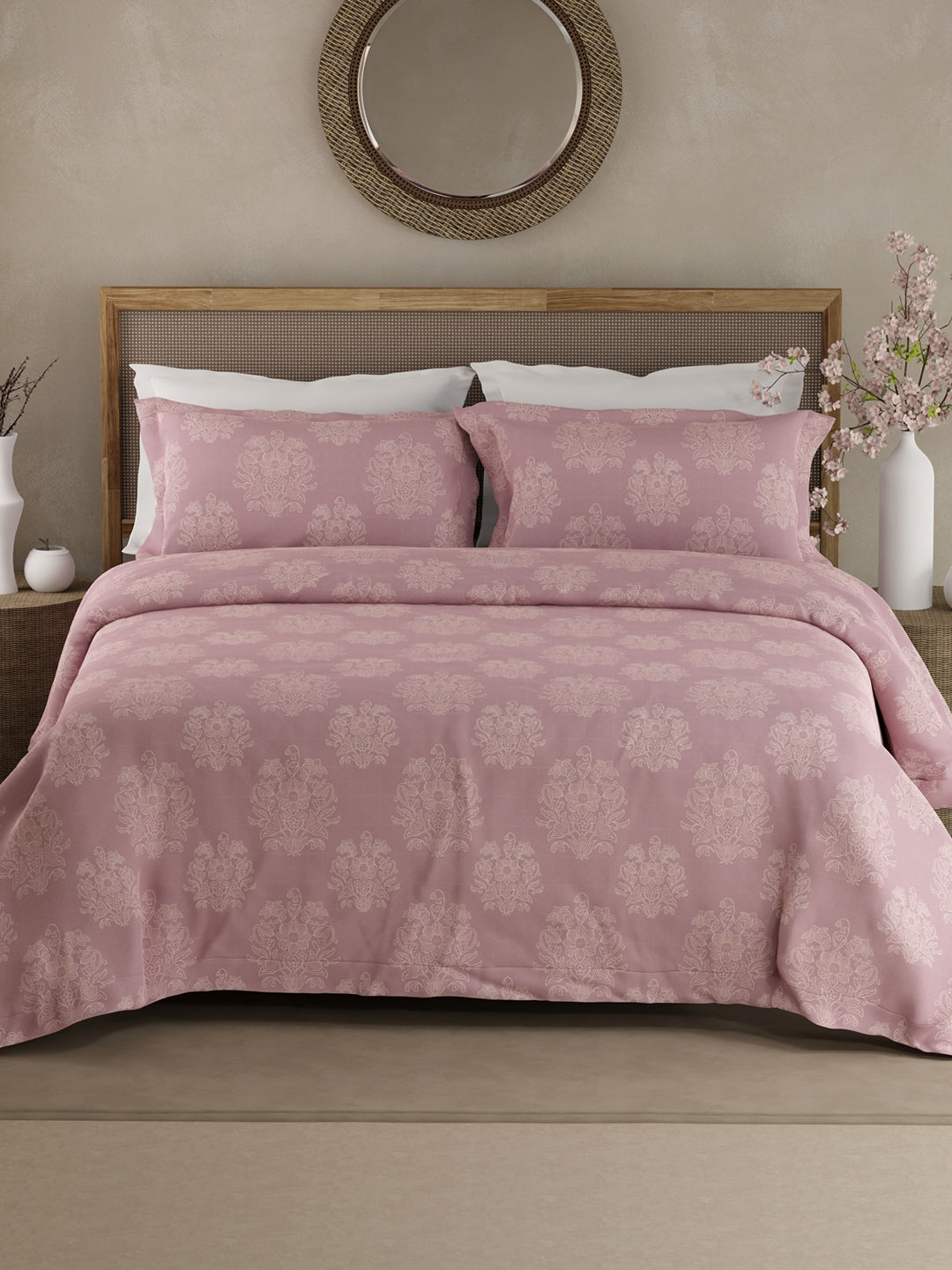 100% Kasturi Cotton King Bedsheet Set, 200 TC Pink Floral, Indo Musk