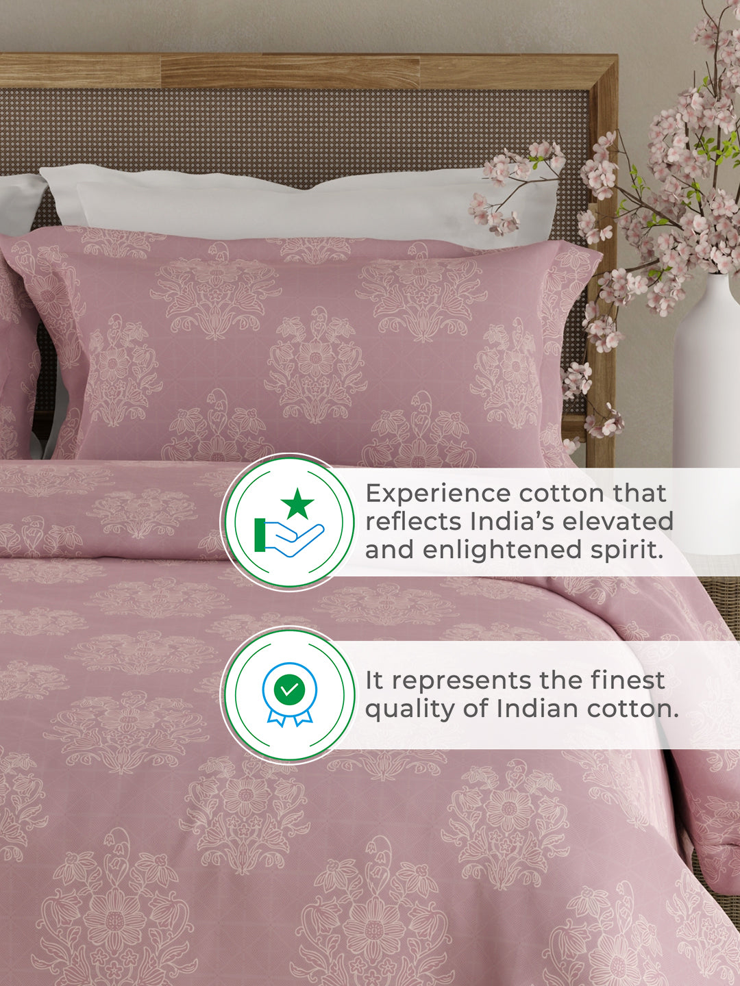 100% Kasturi Cotton King Bedsheet Set, 200 TC Pink Floral, Indo Musk