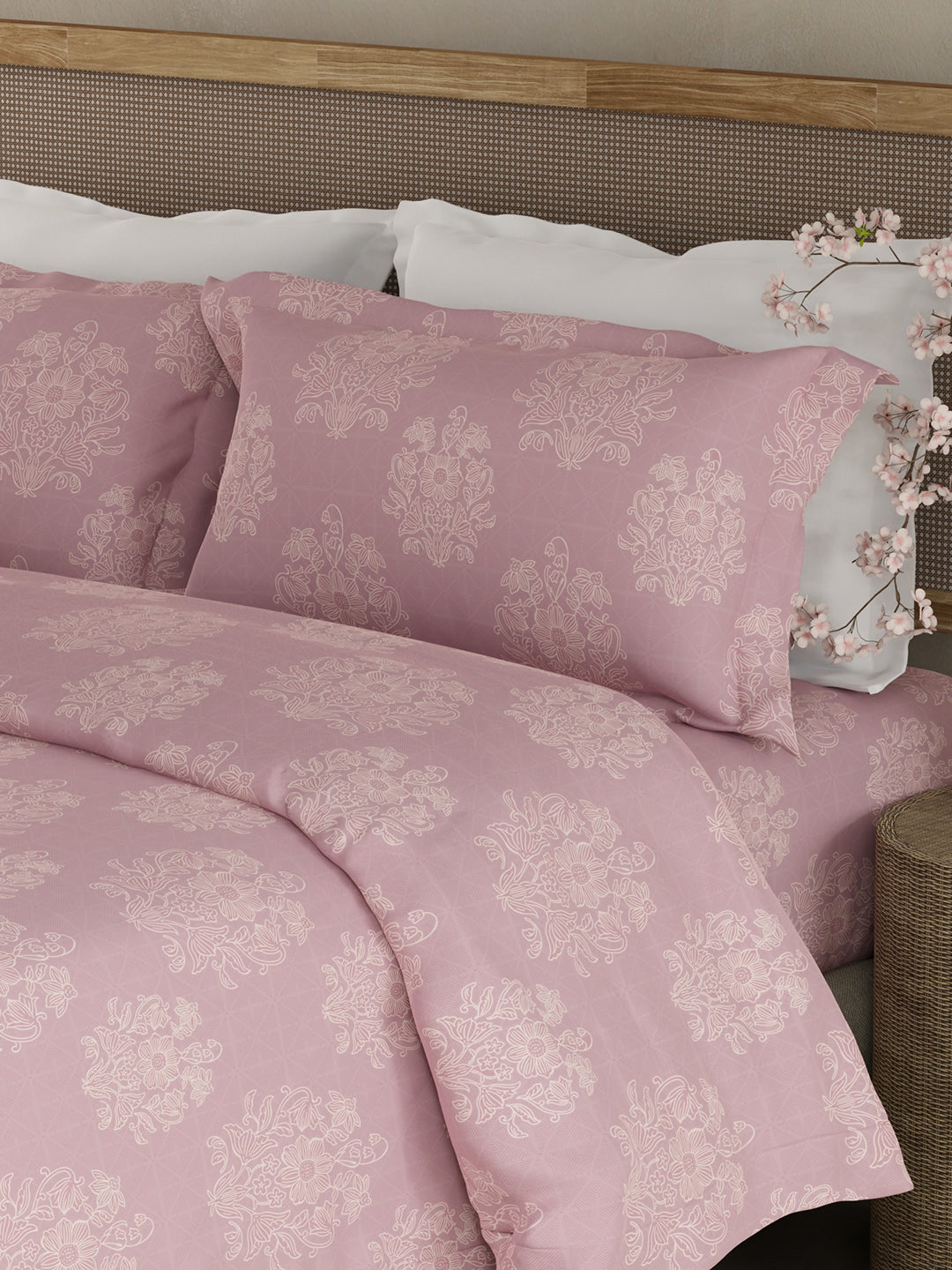 100% Kasturi Cotton King Bedsheet Set, 200 TC Pink Floral, Indo Musk