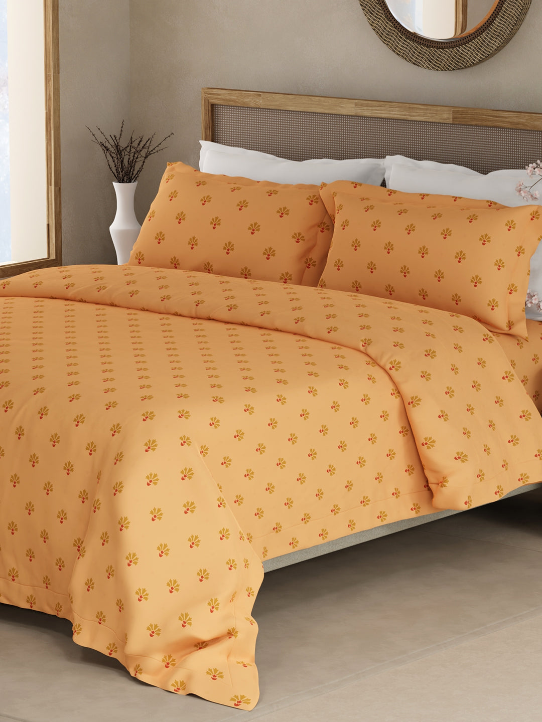 Indo Musk 100% Kasturi Cotton 200 TC Yellow Ethnic Print King Bedsheet with 2 Pillow Covers