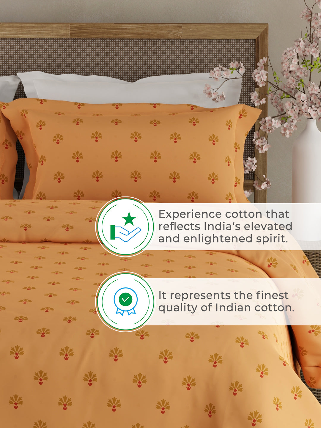 Indo Musk 100% Kasturi Cotton 200 TC Yellow Ethnic Print King Bedsheet with 2 Pillow Covers