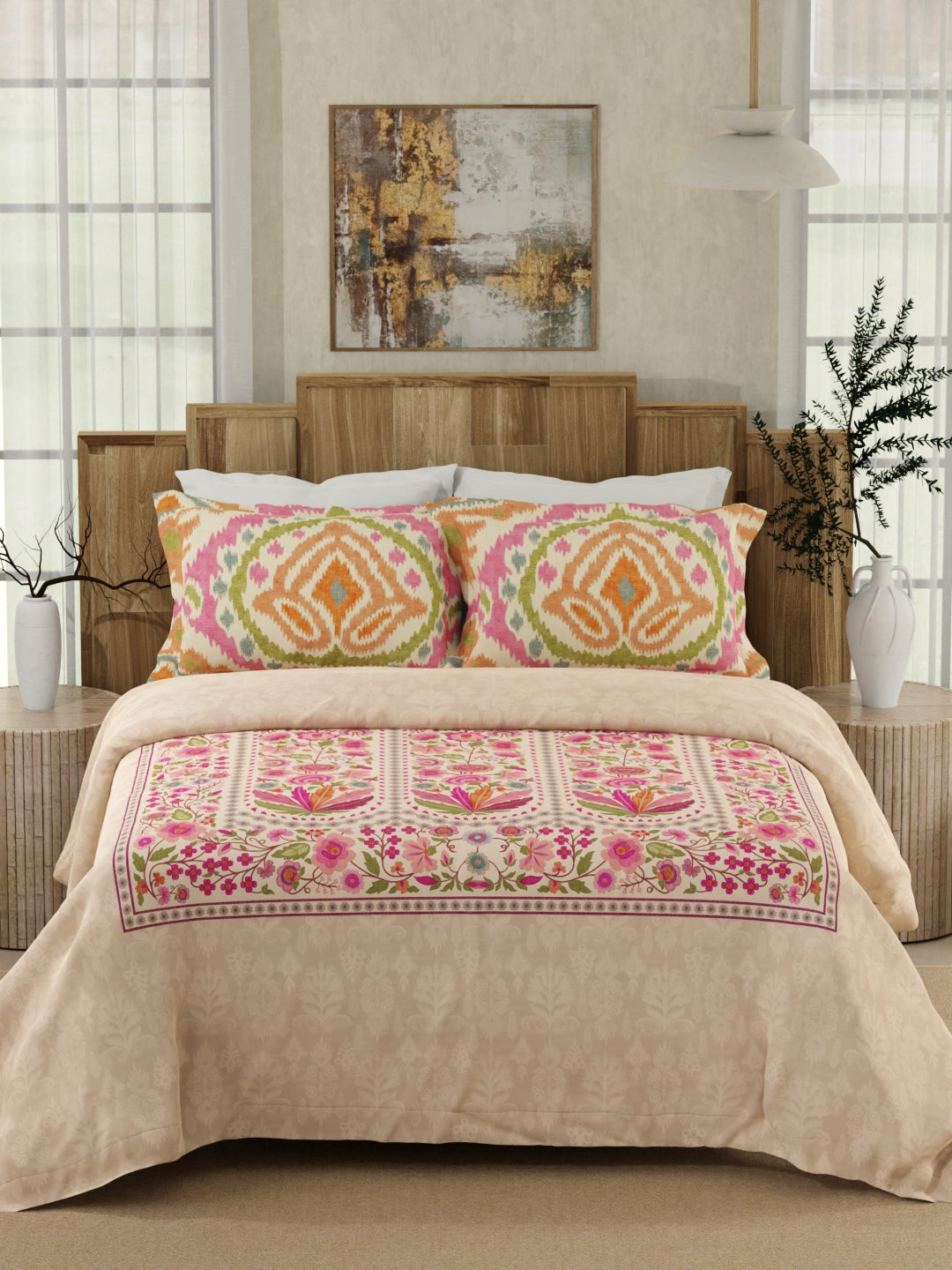 Gardenia Augusta 100% Cotton 300 TC Pink Digitally Printed King Bedsheet with 2 Pillow Covers