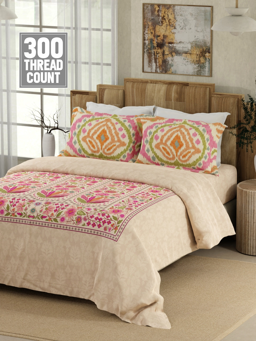 Gardenia Augusta 100% Cotton 300 TC Pink Digitally Printed King Bedsheet with 2 Pillow Covers