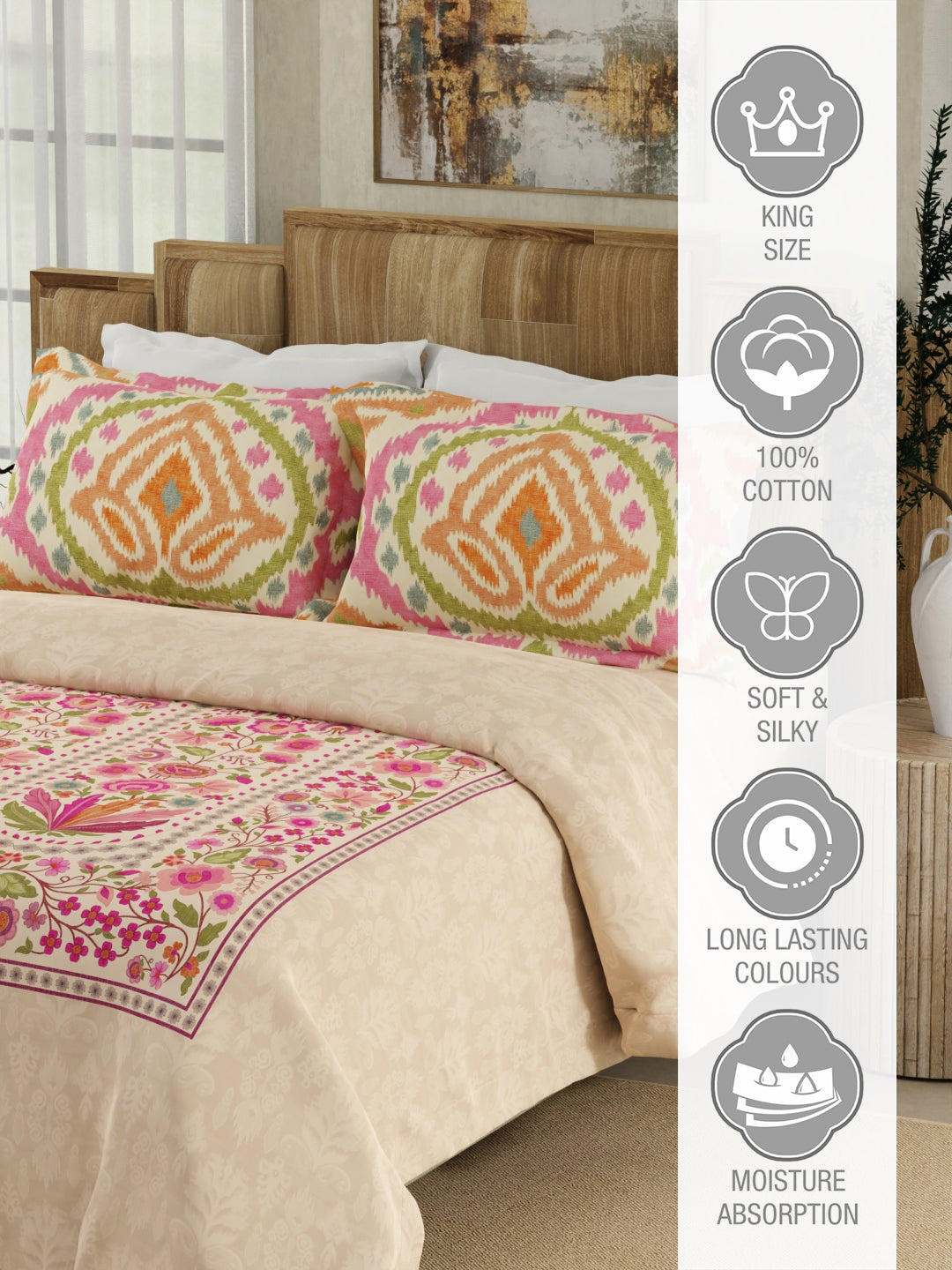 Gardenia Augusta 100% Cotton 300 TC Pink Digitally Printed King Bedsheet with 2 Pillow Covers