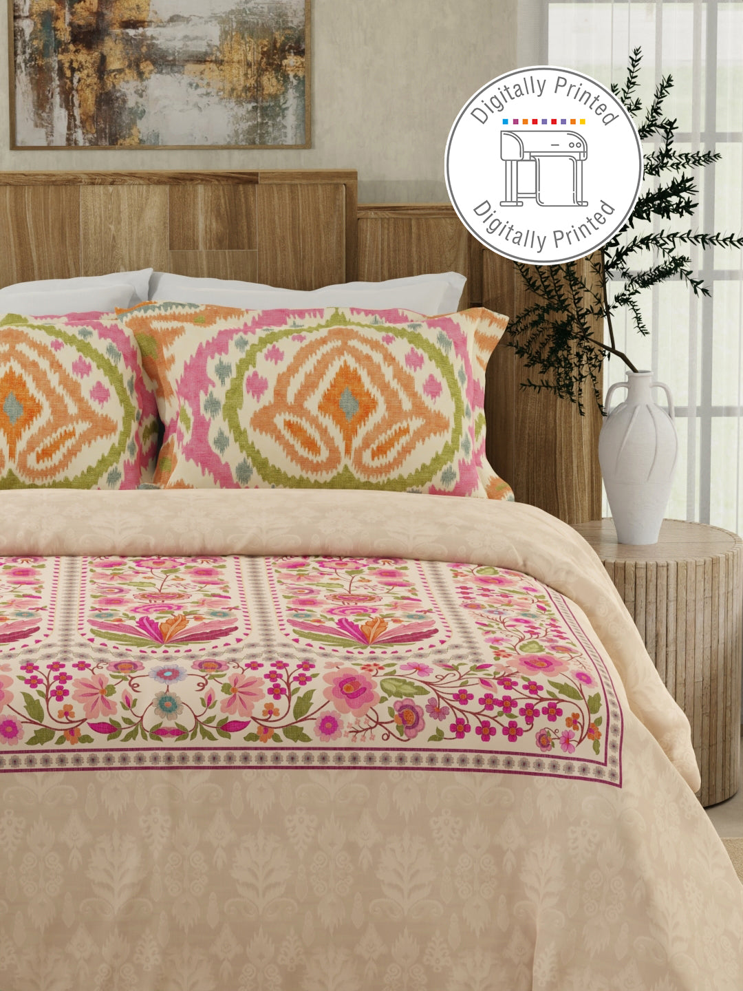 Gardenia Augusta 100% Cotton 300 TC Pink Digitally Printed King Bedsheet with 2 Pillow Covers