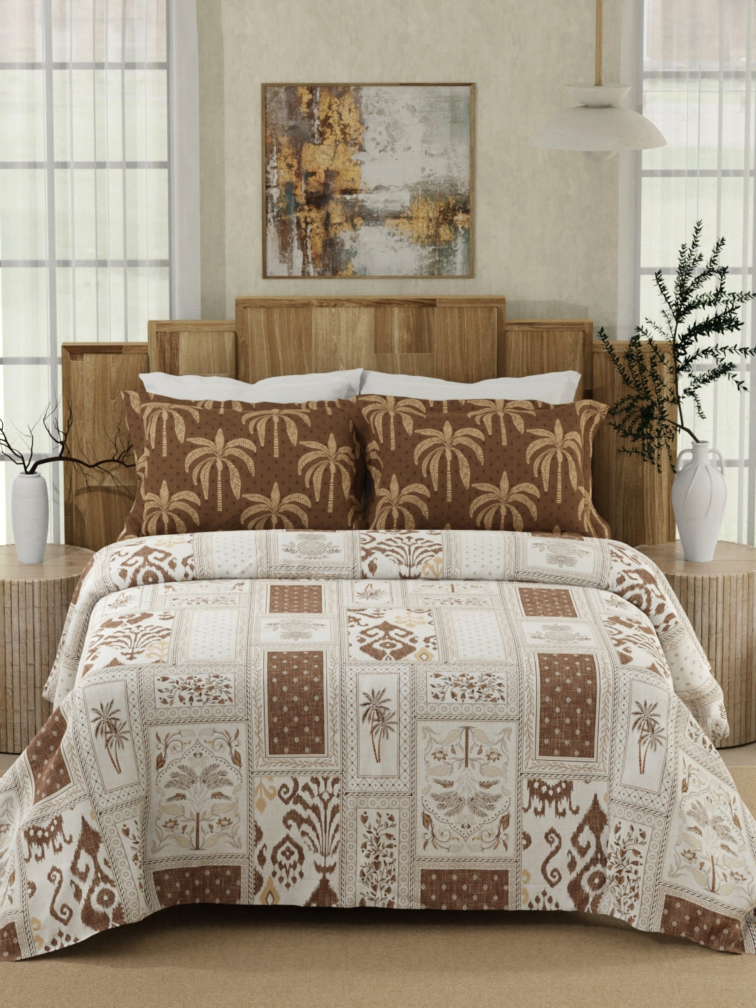 100% Cotton 300 TC Brown & White Digitally Printed King Bedsheet with 2 Pillow Covers - Gardenia Augusta