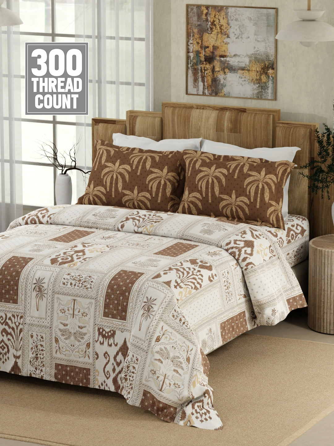 100% Cotton 300 TC Brown & White Digitally Printed King Bedsheet with 2 Pillow Covers - Gardenia Augusta