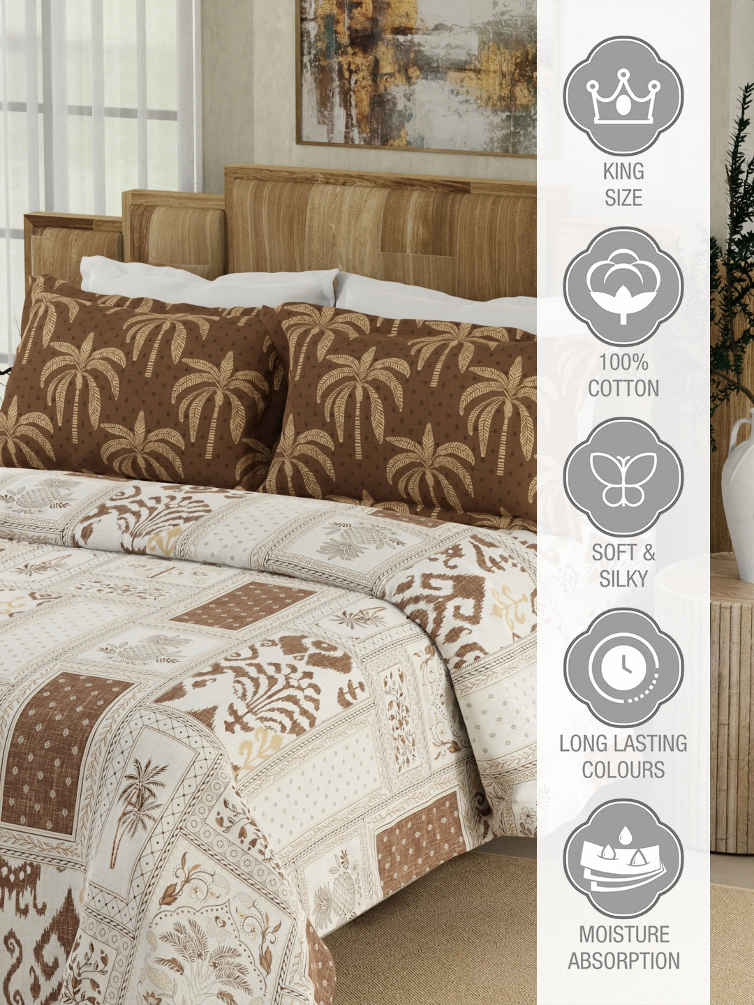 100% Cotton 300 TC Brown & White Digitally Printed King Bedsheet with 2 Pillow Covers - Gardenia Augusta