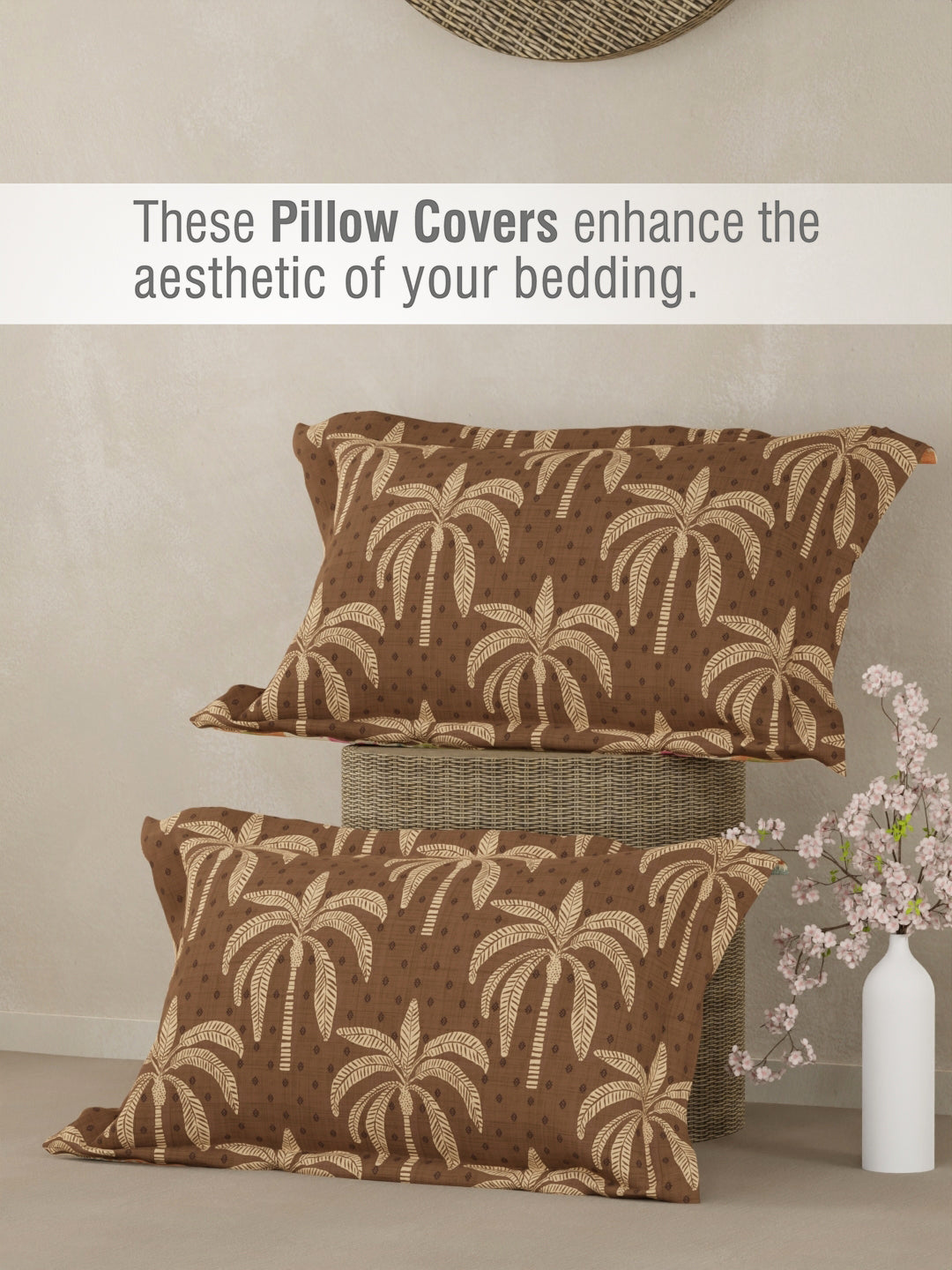 100% Cotton 300 TC Brown & White Digitally Printed King Bedsheet with 2 Pillow Covers - Gardenia Augusta