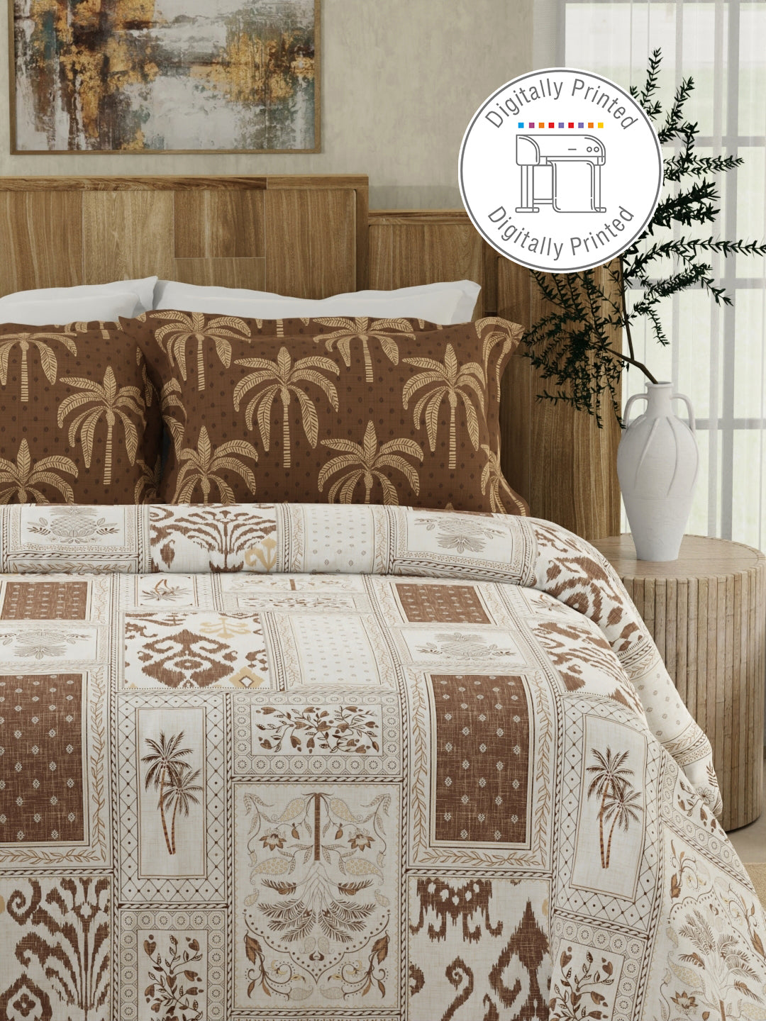 100% Cotton 300 TC Brown & White Digitally Printed King Bedsheet with 2 Pillow Covers - Gardenia Augusta