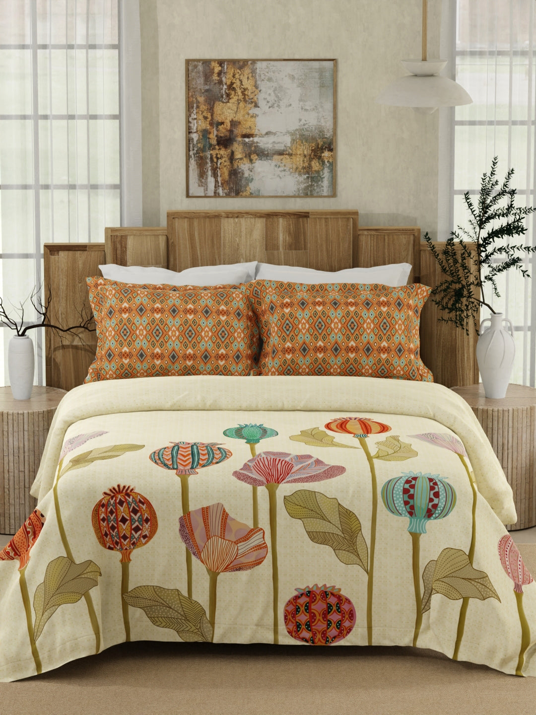 Gardenia Augusta 100% Cotton 300 TC Beige Digitally Printed King Bedsheet with 2 Pillow Covers