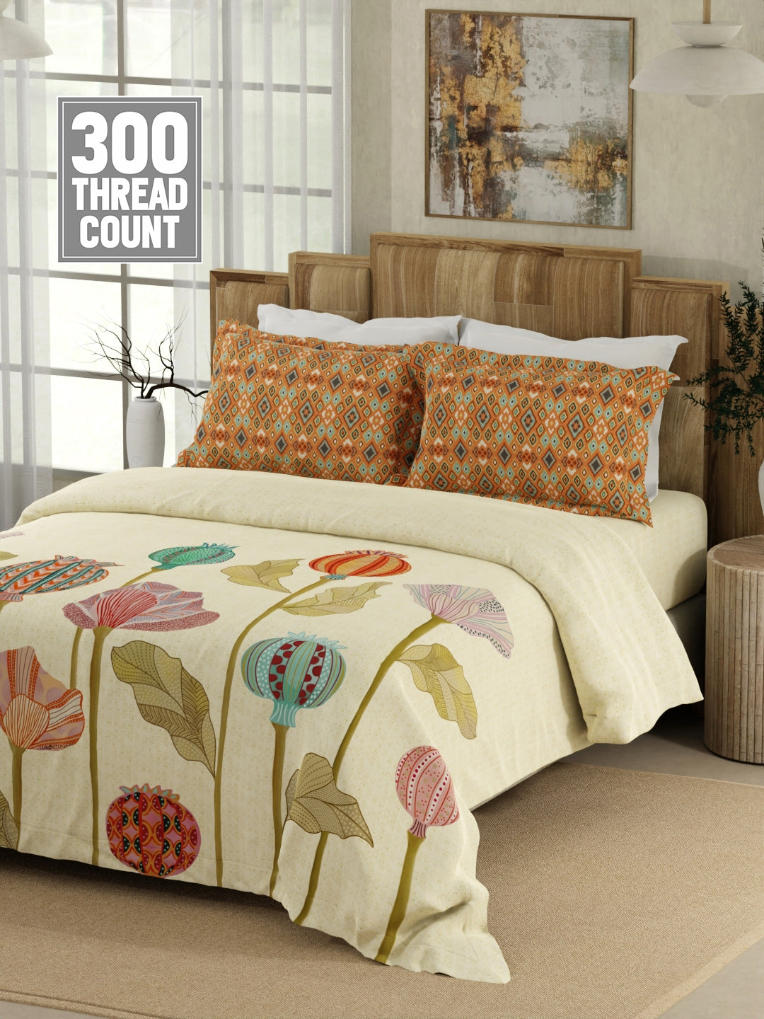 Gardenia Augusta 100% Cotton 300 TC Beige Digitally Printed King Bedsheet with 2 Pillow Covers