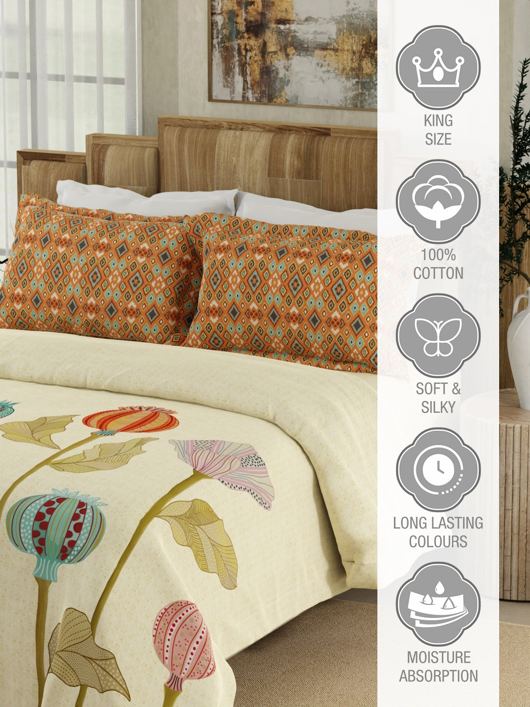 Gardenia Augusta 100% Cotton 300 TC Beige Digitally Printed King Bedsheet with 2 Pillow Covers