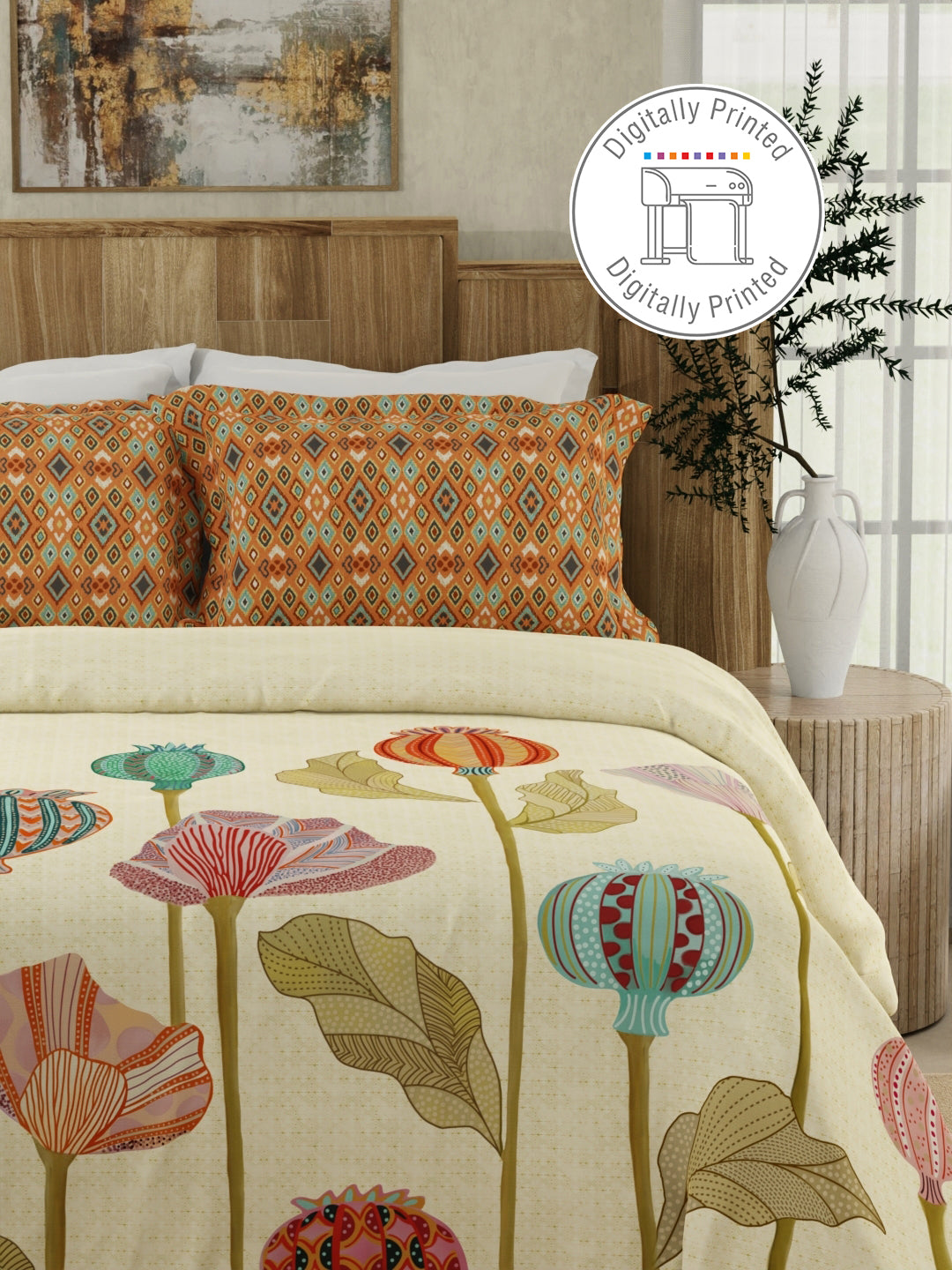 Gardenia Augusta 100% Cotton 300 TC Beige Digitally Printed King Bedsheet with 2 Pillow Covers