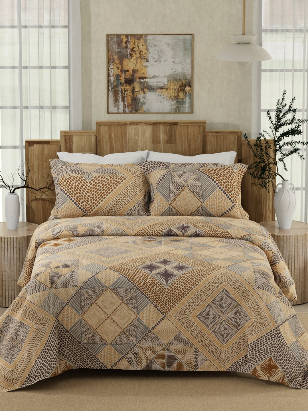 100% Cotton 300 TC Brown Digitally Printed King Bedsheet with 2 Pillow Covers - Gardenia Augusta