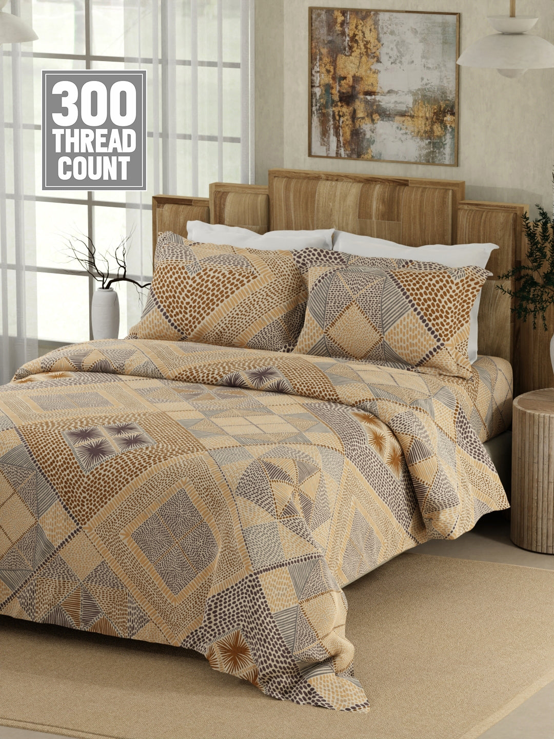 100% Cotton 300 TC Brown Digitally Printed King Bedsheet with 2 Pillow Covers - Gardenia Augusta