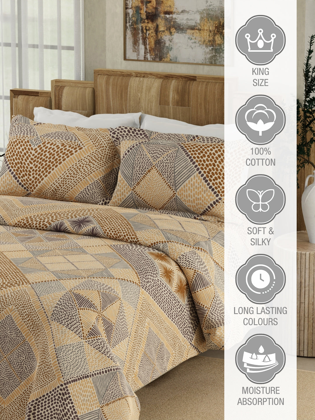 100% Cotton 300 TC Brown Digitally Printed King Bedsheet with 2 Pillow Covers - Gardenia Augusta