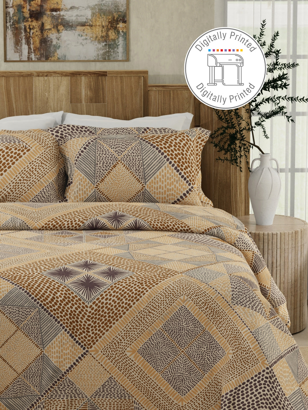 100% Cotton 300 TC Brown Digitally Printed King Bedsheet with 2 Pillow Covers - Gardenia Augusta
