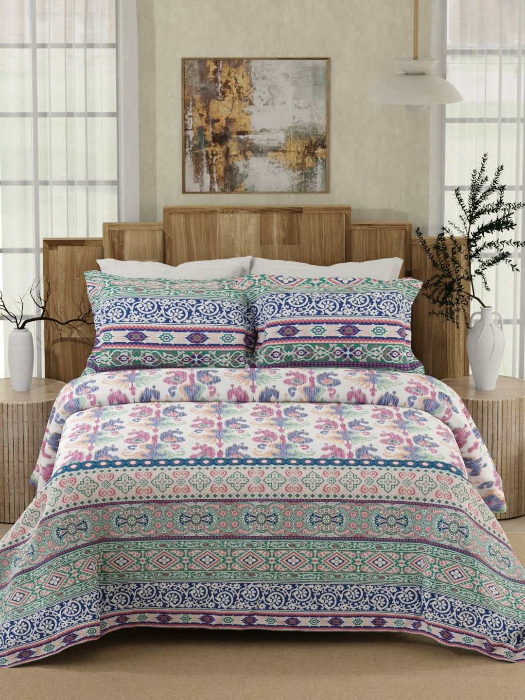 100% Cotton 300 TC Blue Digitally Printed King Bedsheet with 2 Pillow Covers - Gardenia Augusta