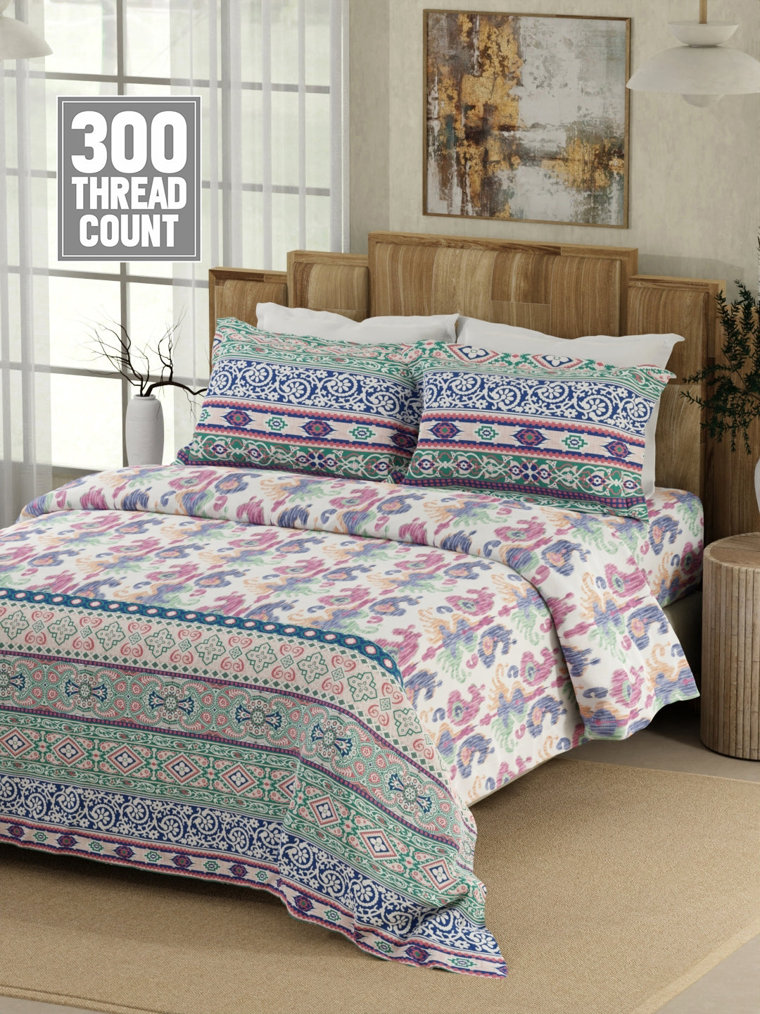 100% Cotton 300 TC Blue Digitally Printed King Bedsheet with 2 Pillow Covers - Gardenia Augusta