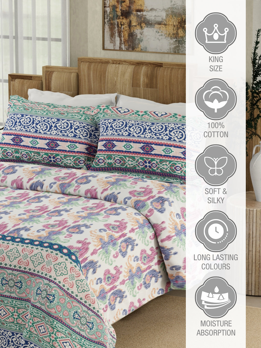 100% Cotton 300 TC Blue Digitally Printed King Bedsheet with 2 Pillow Covers - Gardenia Augusta