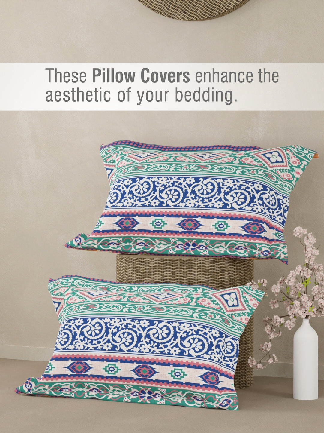 100% Cotton 300 TC Blue Digitally Printed King Bedsheet with 2 Pillow Covers - Gardenia Augusta