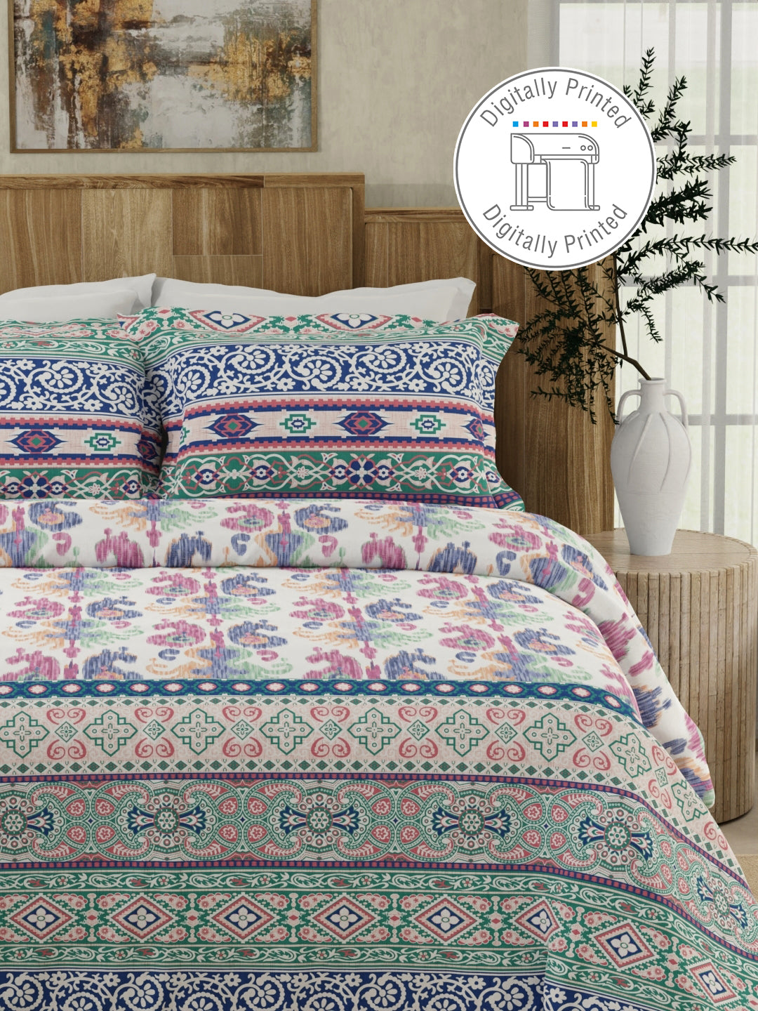100% Cotton 300 TC Blue Digitally Printed King Bedsheet with 2 Pillow Covers - Gardenia Augusta