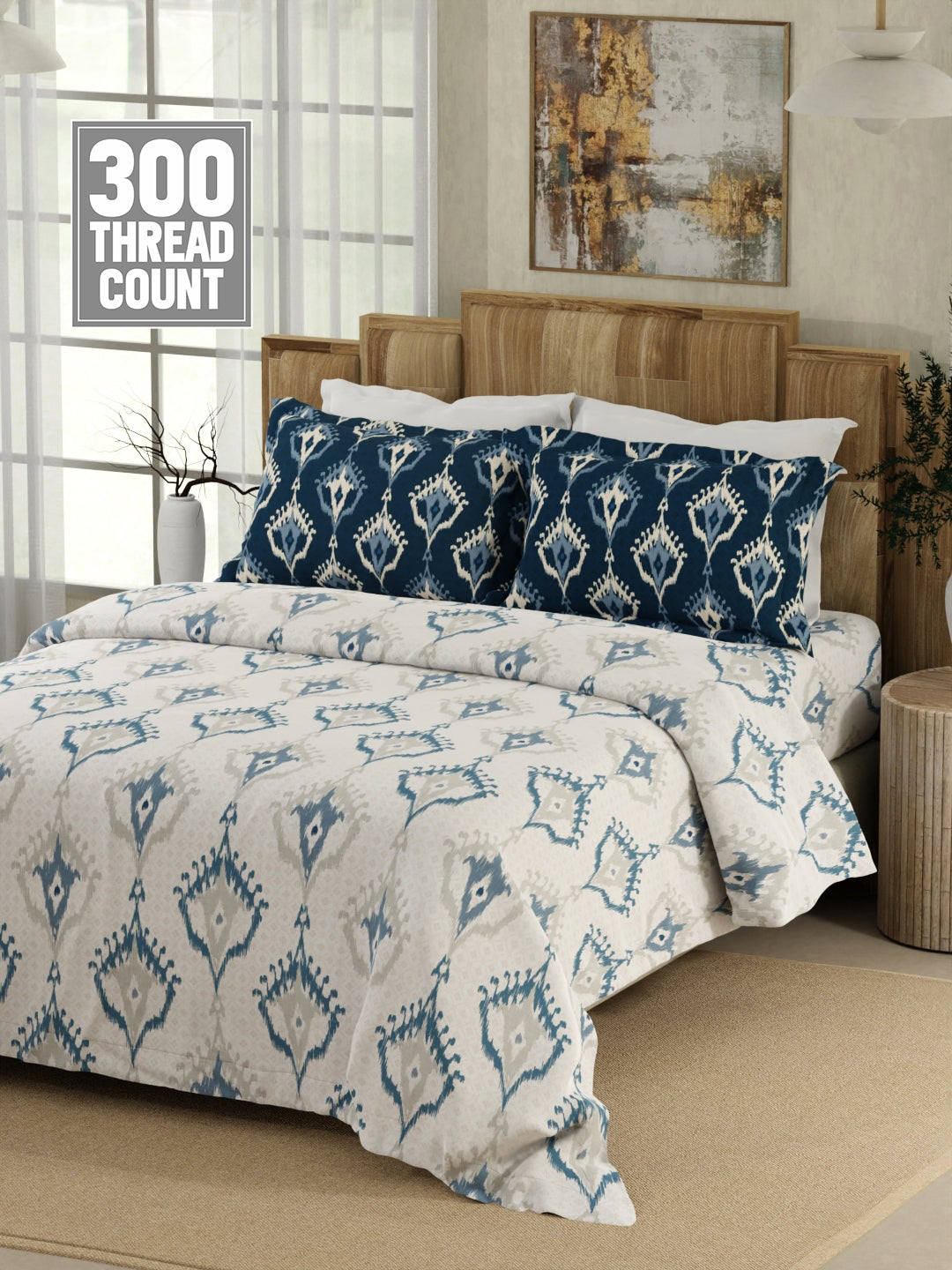 Gardenia Augusta 100% Cotton 300 TC Blue & White Digitally Printed King Bedsheet with 2 Pillow Covers