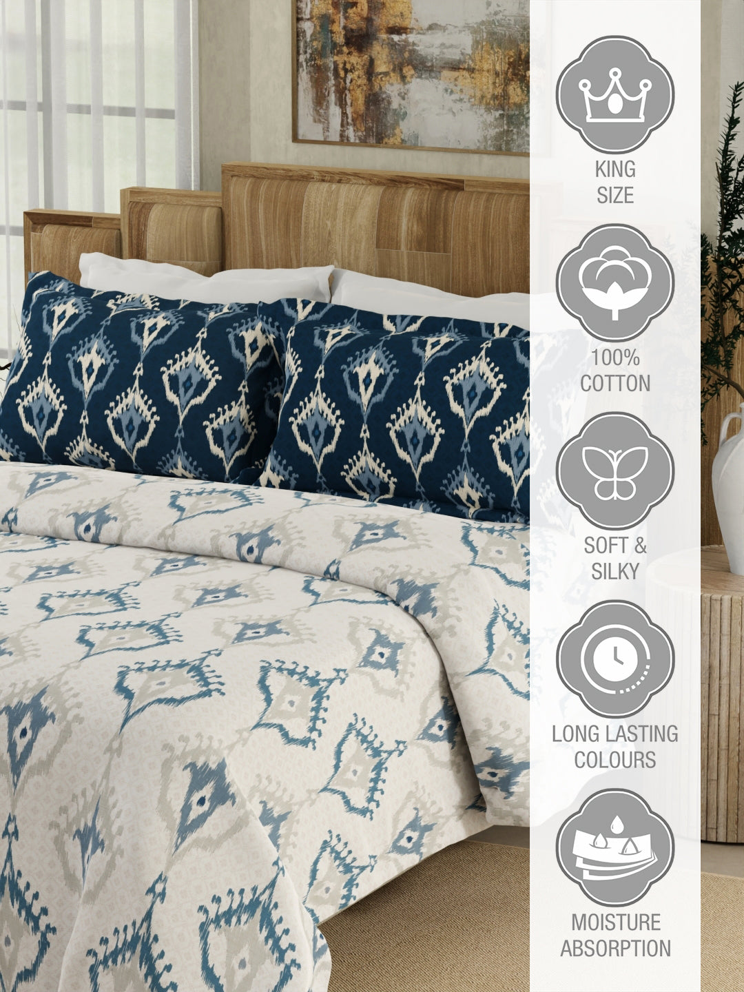 Gardenia Augusta 100% Cotton 300 TC Blue & White Digitally Printed King Bedsheet with 2 Pillow Covers