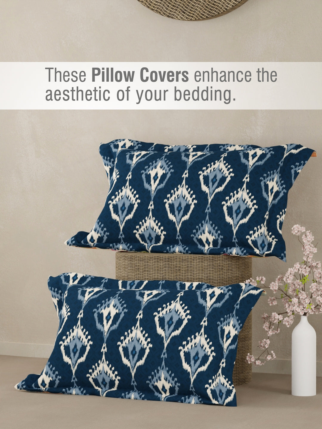 Gardenia Augusta 100% Cotton 300 TC Blue & White Digitally Printed King Bedsheet with 2 Pillow Covers