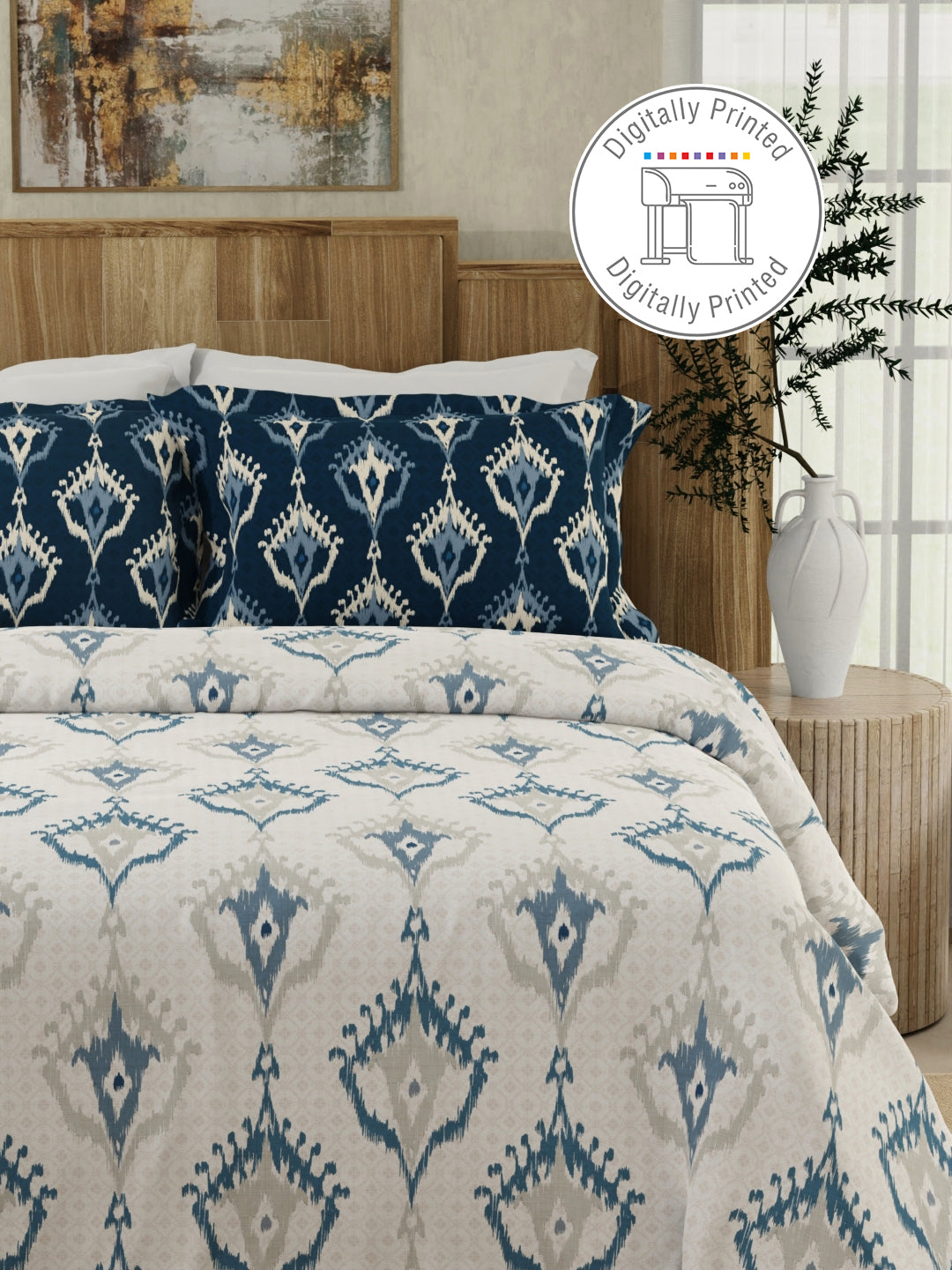 Gardenia Augusta 100% Cotton 300 TC Blue & White Digitally Printed King Bedsheet with 2 Pillow Covers