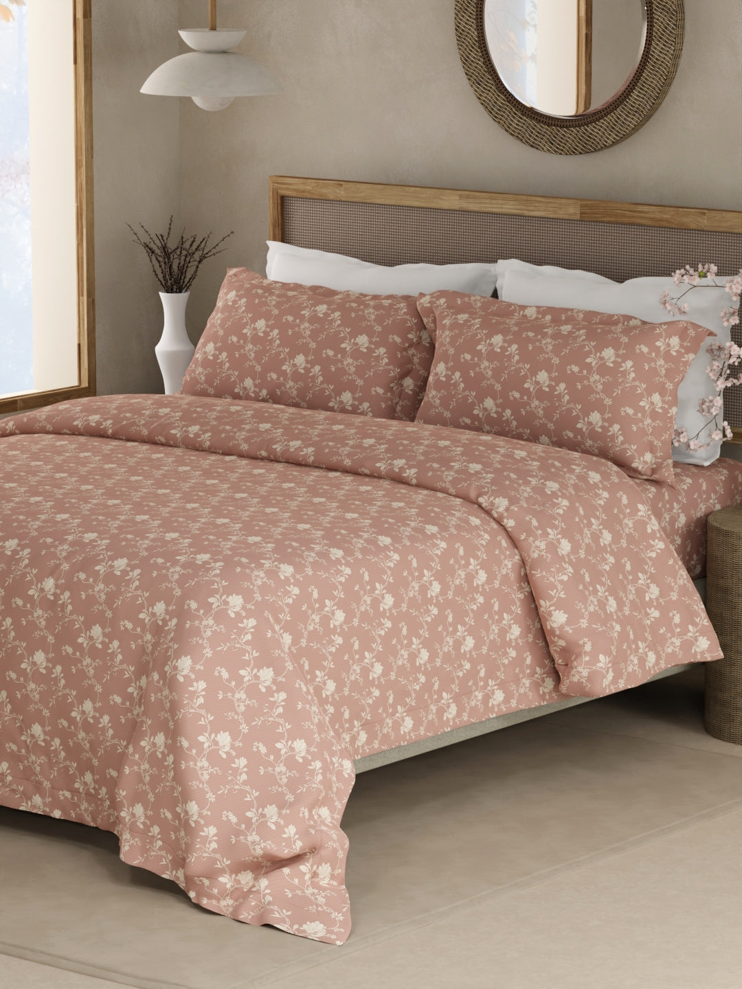 Cottage Garden 100% Organic Cotton 300 TC King Bedsheet with 2 Pillow Covers - Pink Floral