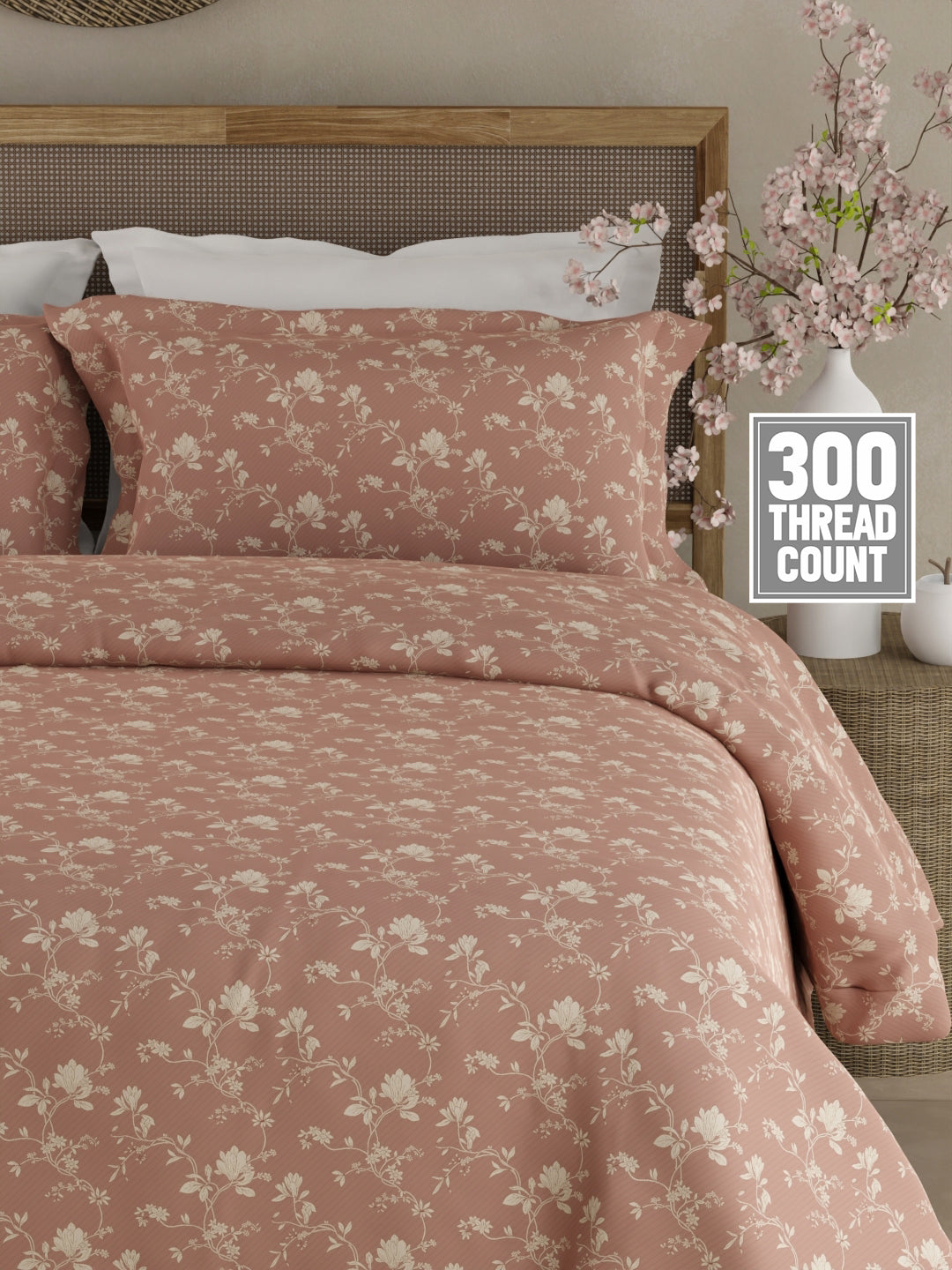 Cottage Garden 100% Organic Cotton 300 TC King Bedsheet with 2 Pillow Covers - Pink Floral