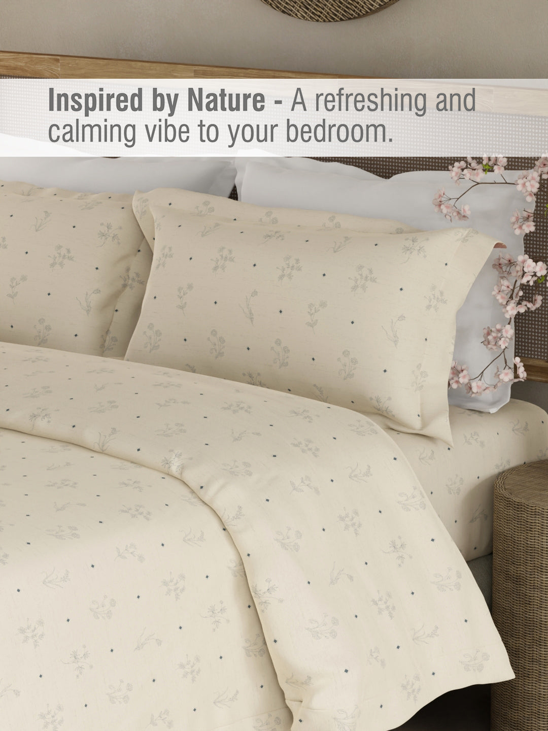 Cottage Garden 100% Organic Cotton 300 TC King Bedsheet with 2 Pillow Covers - Cream & Blue Floral