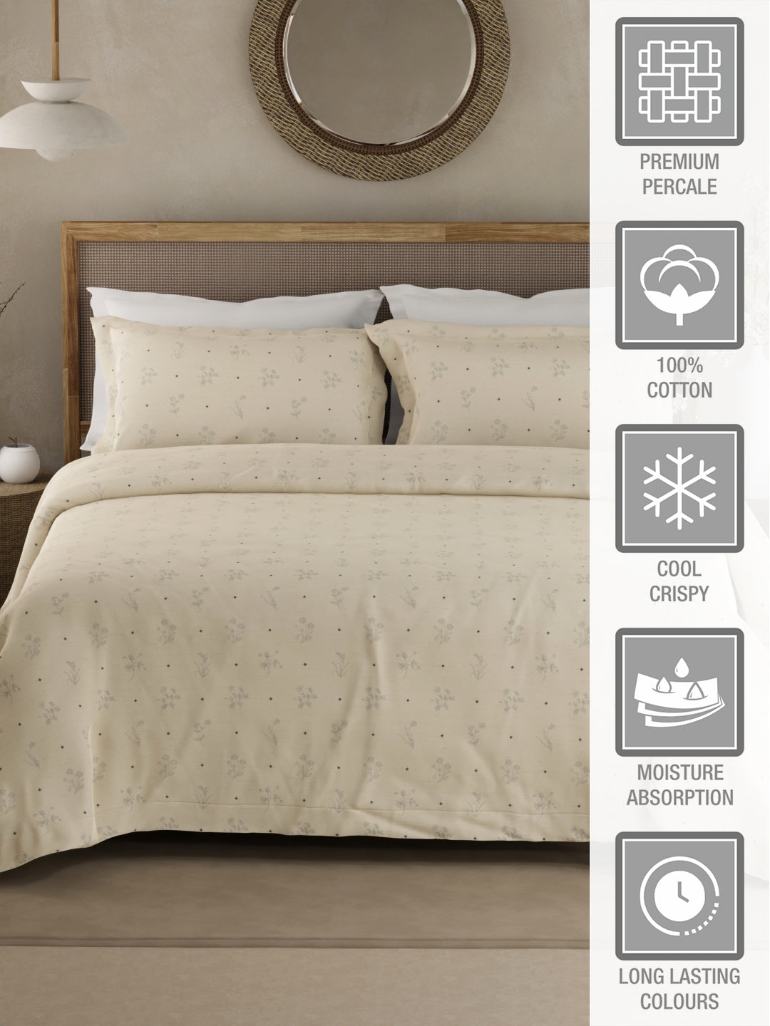 Cottage Garden 100% Organic Cotton 300 TC King Bedsheet with 2 Pillow Covers - Cream & Blue Floral