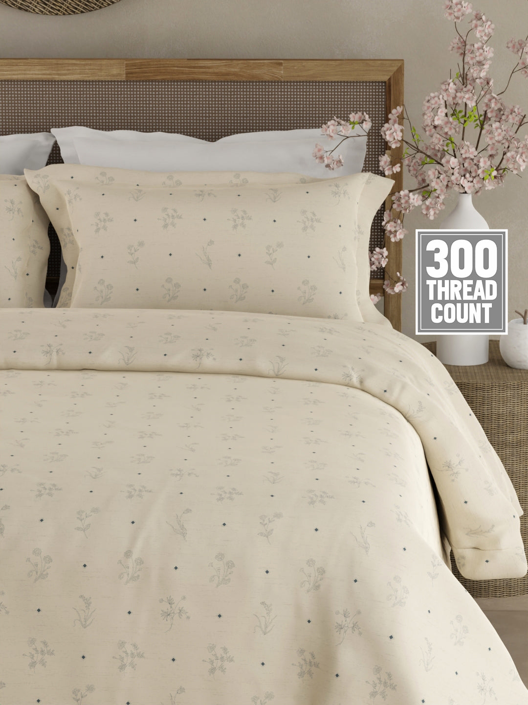 Cottage Garden 100% Organic Cotton 300 TC King Bedsheet with 2 Pillow Covers - Cream & Blue Floral