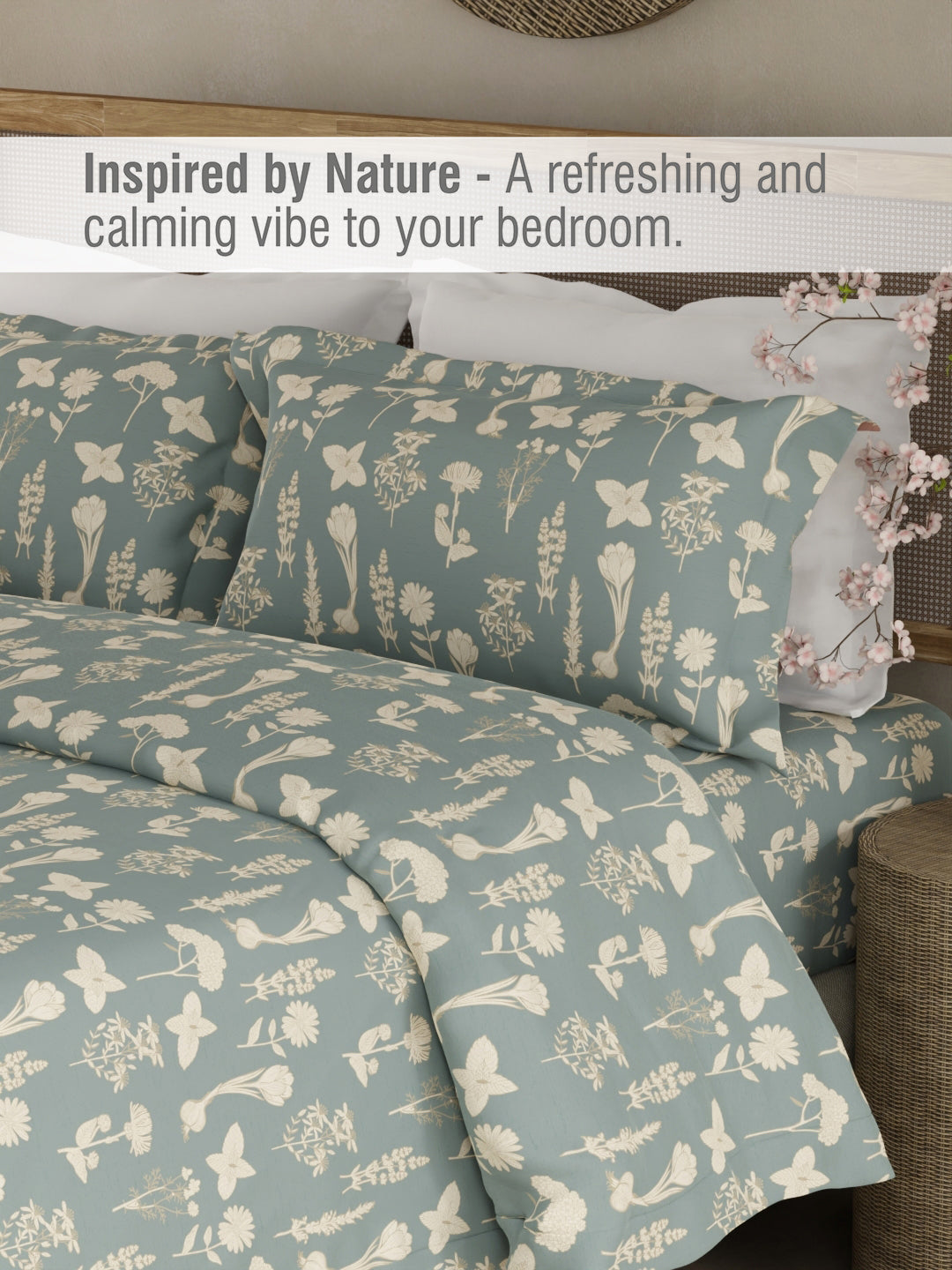 Cottage Garden 100% Organic Cotton 300 TC King Bedsheet with 2 Pillow Covers - Blue & Cream Floral