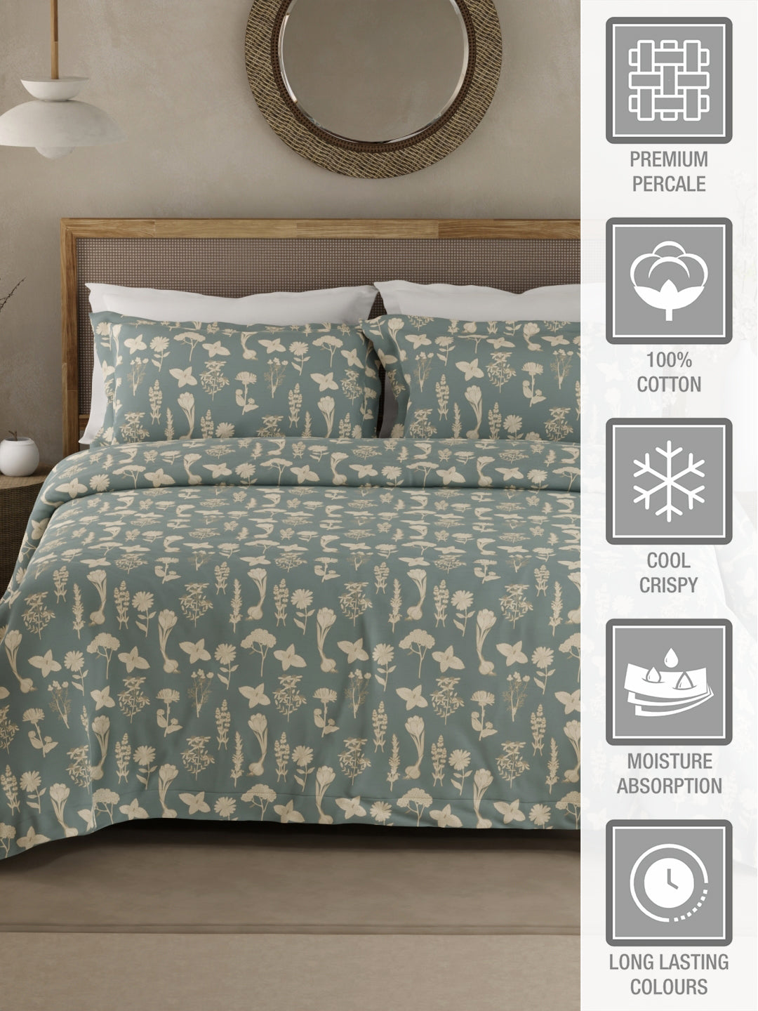 Cottage Garden 100% Organic Cotton 300 TC King Bedsheet with 2 Pillow Covers - Blue & Cream Floral