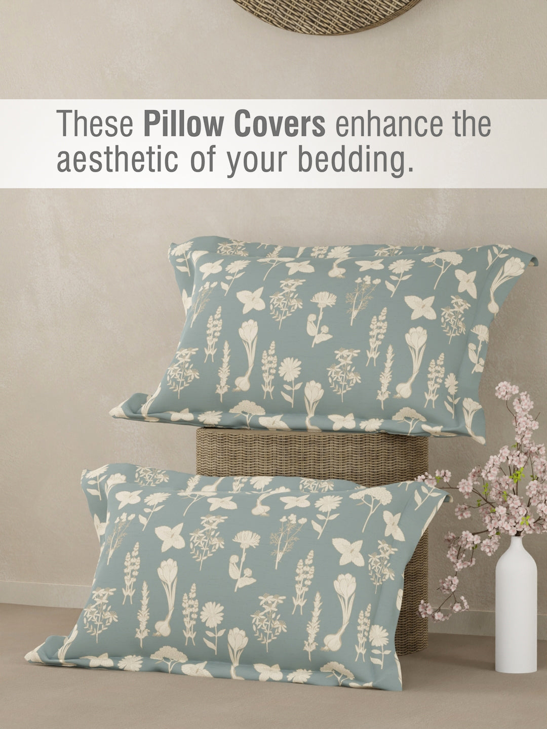 Cottage Garden 100% Organic Cotton 300 TC King Bedsheet with 2 Pillow Covers - Blue & Cream Floral