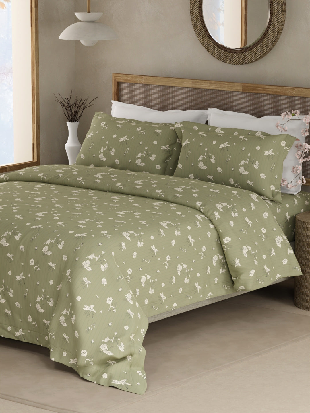 Cottage Garden 100% Organic Cotton 300 TC King Bedsheet with 2 Pillow Covers - Green & White Floral