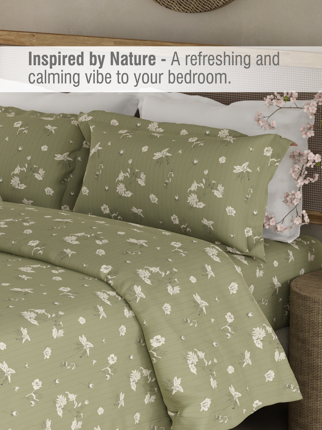 Cottage Garden 100% Organic Cotton 300 TC King Bedsheet with 2 Pillow Covers - Green & White Floral